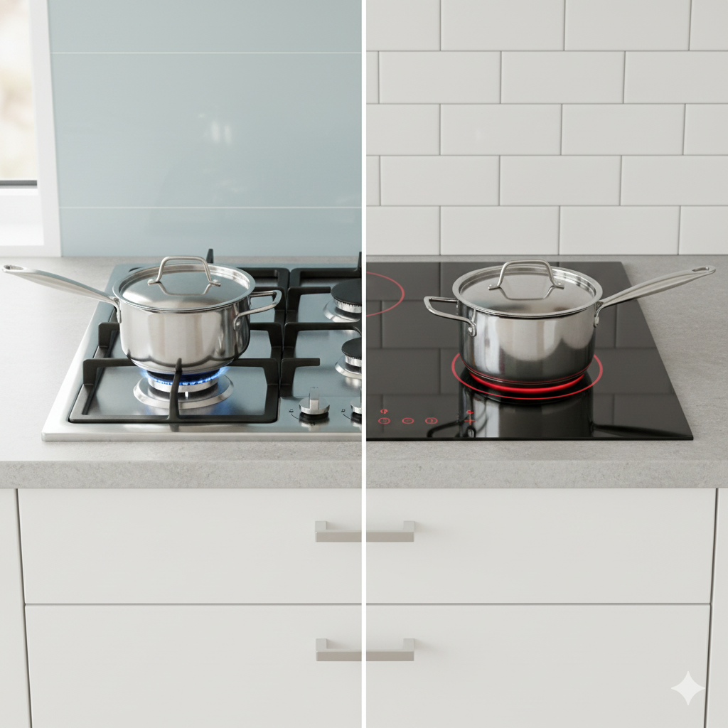 This image should show a side-by-side kitchen comparison between a traditional gas hob and a modern electric or induction hob. The scene should be clean and neutral, with both hobs shown in use but without people — for example, a pan gently simmering on each surface. The gas hob should visibly show blue flames, while the electric or induction hob should have a smooth black glass surface with a subtle glow beneath the cookware. Lighting should be bright and natural, suggesting daytime use, and the overall feel should be practical and informative rather than promotional. The goal of this image is to visually ground the reader in the core comparison of the article: gas versus electric cooking in a typical UK kitchen.