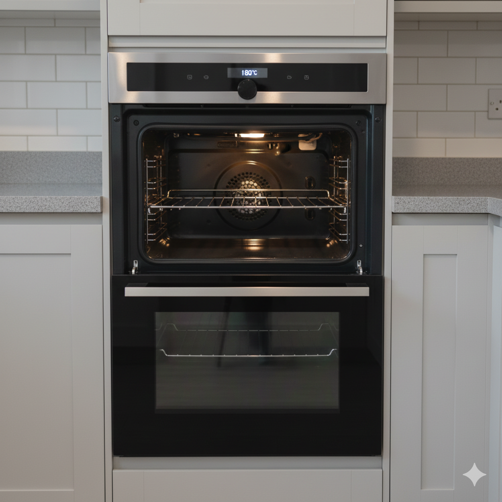 A modern electric oven built into a UK kitchen, shown during preheating with the interior light on and empty racks visible. The surrounding kitchen is tidy and neutral, with soft ambient lighting and no people present. The focus is on the oven itself, highlighting everyday home cooking and the moment energy use begins as the oven heats up.

