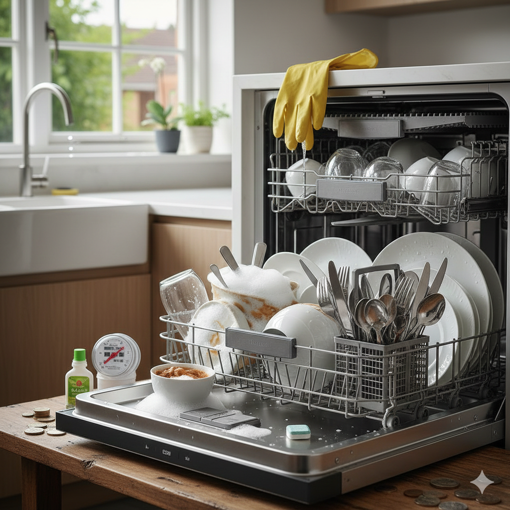 Close-up of a neatly packed dishwasher rack filled with sparkling clean glass bowls and white ceramic plates, highlighting the efficiency and organization of a modern appliance wash."