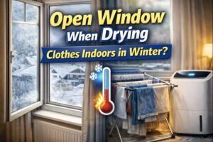 Open window while drying clothes indoors in winter in a UK home, showing ventilation versus heat loss during indoor laundry drying.