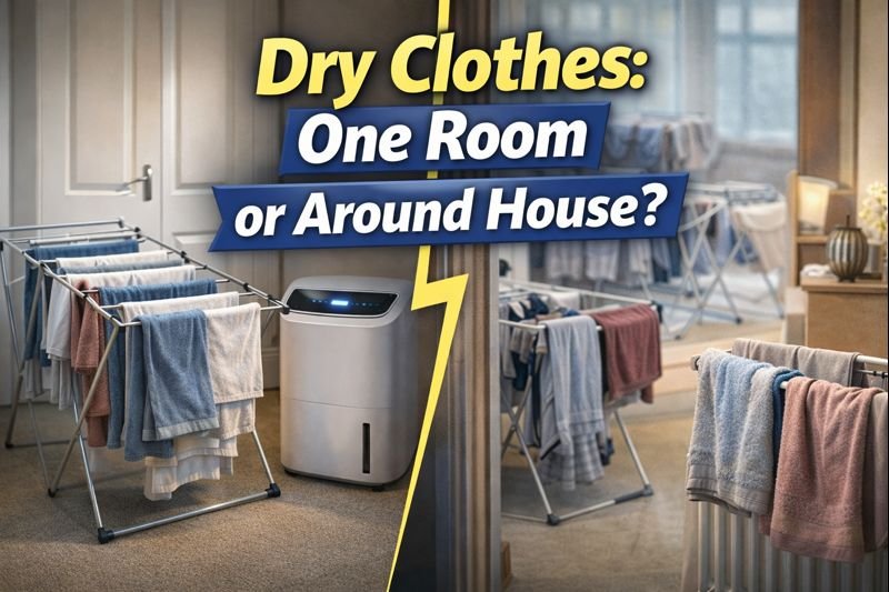 Indoor clothes drying setup showing whether it’s better to dry laundry in one room or spread it around the house in a UK home.