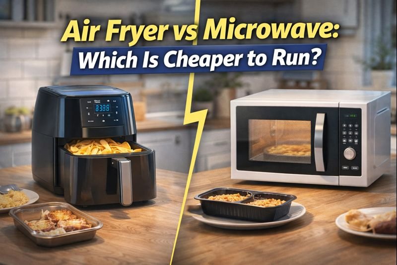 Air fryer and microwave side by side in a UK kitchen comparing which appliance is cheaper to run for cooking and reheating.
