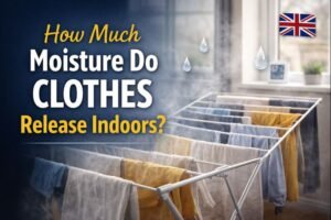 Indoor clothes drying on an airer in a UK home showing how much moisture clothes release into the air when drying indoors.