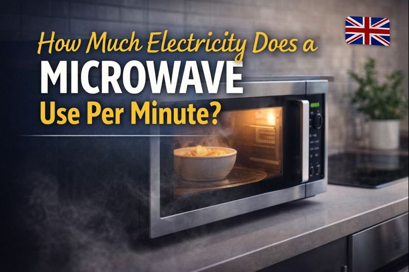 Microwave heating food in a UK kitchen showing how much electricity a microwave uses per minute.