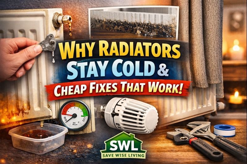 Radiator staying cold in a UK home with thermostat valve, tools and simple DIY heating fixes shown