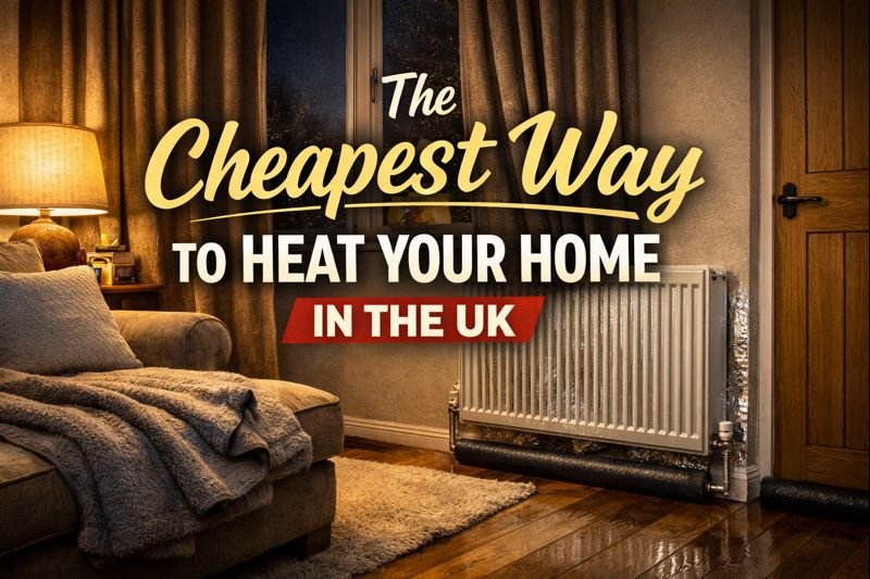 Cosy UK living room at night with thermal curtains closed and radiator foil reflecting heat, illustrating the cheapest way to heat your home efficiently.