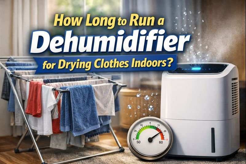 Indoor clothes drying on an airer beside a dehumidifier in a UK home, showing how long to run a dehumidifier when drying clothes indoors.