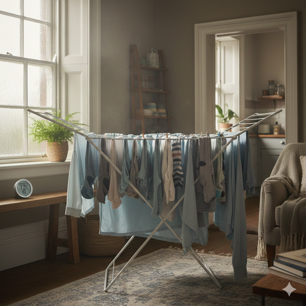 A realistic UK home interior showing a clothes airer with freshly washed laundry drying indoors. Soft natural daylight coming through a window, with subtle visual cues suggesting moisture in the air (slightly misty atmosphere, hygrometer on a shelf showing elevated humidity). The room feels calm and realistic, not damp or dramatic. No people, no text, no branding — the image should visually represent moisture being released into indoor air during laundry drying.

