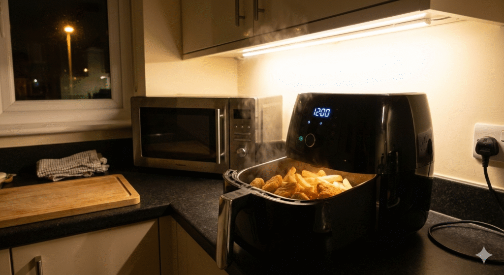 A realistic UK home scene showing an air fryer actively cooking frozen food on a kitchen counter while a microwave in the background sits unused. The room feels warm and practical, evening lighting, subtle sense of efficiency and energy-saving lifestyle. No text, no logos, no people — the image should visually communicate choosing the air fryer as the main cooking appliance instead of the microwave.

