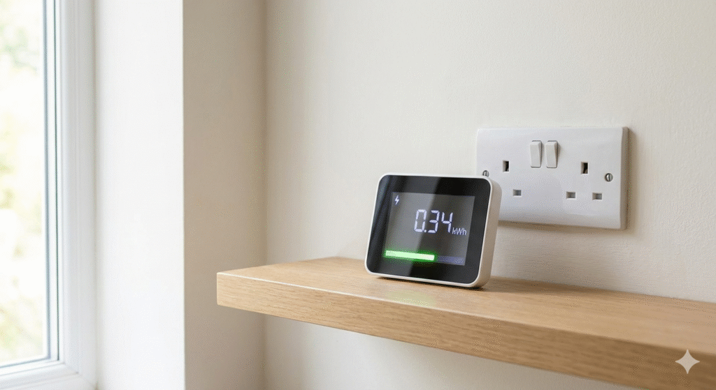 UK household electricity meter and plug socket representing energy costs for drying clothes.