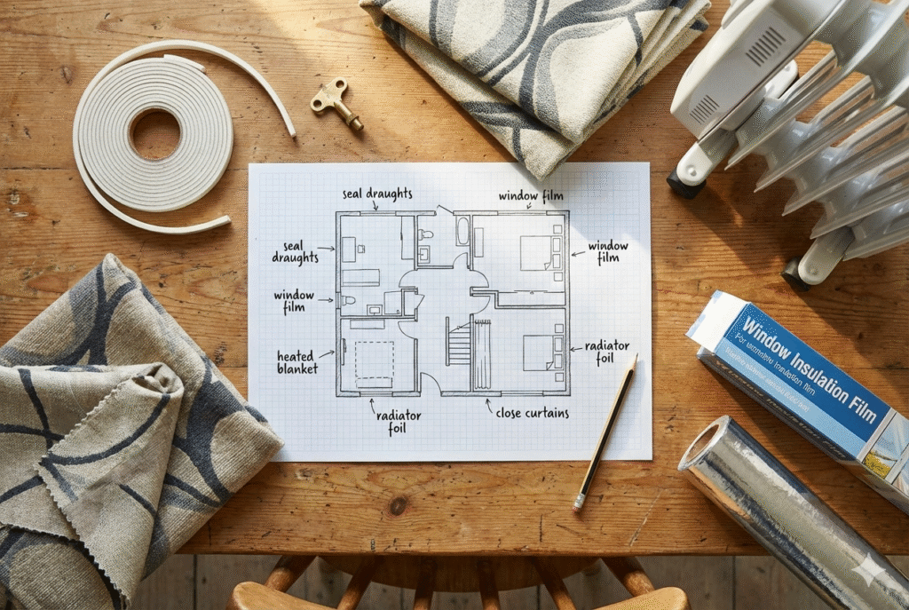 top down view of table with reduce heating plan sketches , window film insulation roll, radiator foil and window sealant tape

