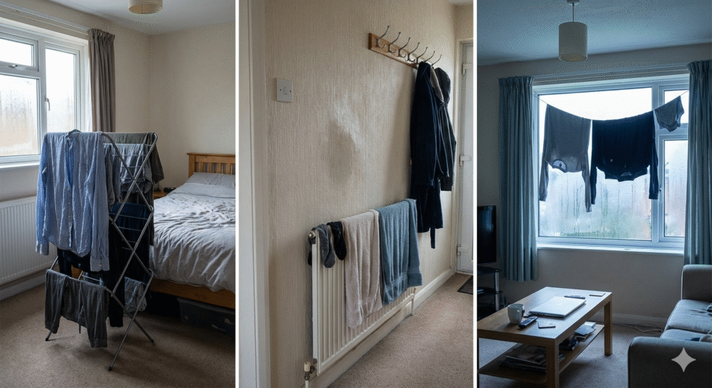 A contrasting UK home scene showing clothes drying spread across multiple rooms — a rack in a bedroom, towels draped over a radiator in a hallway, and clothes near a window in a living space. Subtle signs of moisture such as light window condensation and a slightly cluttered feel. Winter lighting, cooler tones, realistic home environment, no people, no text, no logos — clearly illustrating how spreading laundry around the house can lead to moisture issues.

