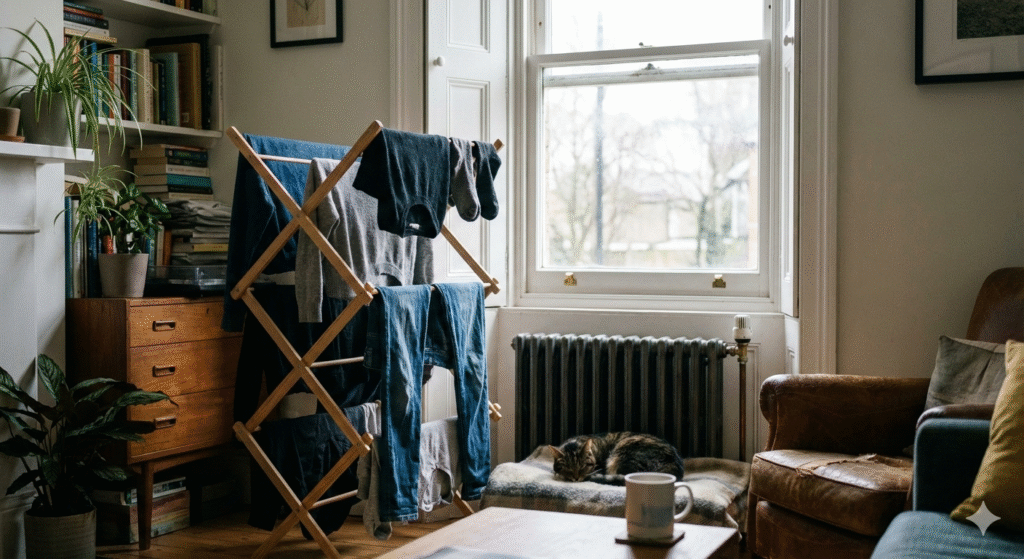 A realistic UK winter home interior showing a clothes airer positioned near a slightly cracked window, with soft daylight coming in. The room looks warm and lived-in, not cold, with radiators gently on and no visible condensation on the glass. The scene should clearly communicate balanced ventilation while drying clothes indoors during winter. No people, no text, no logos, natural colours, calm and practical atmosphere.

