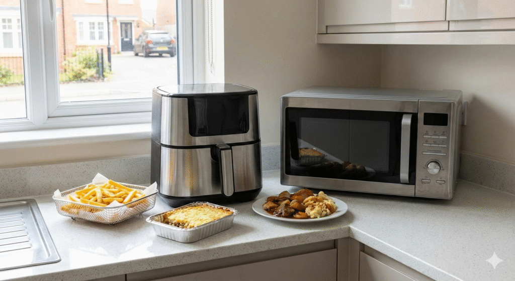 A bright UK kitchen countertop showing both an air fryer and a microwave side by side, clean and modern, with food placed nearby (chips, a ready meal tray, leftover plate). Natural daylight, tidy kitchen environment, neutral colours, no people, no text, no branding. The image should clearly represent a comparison between the two appliances used for everyday cooking in UK homes.

