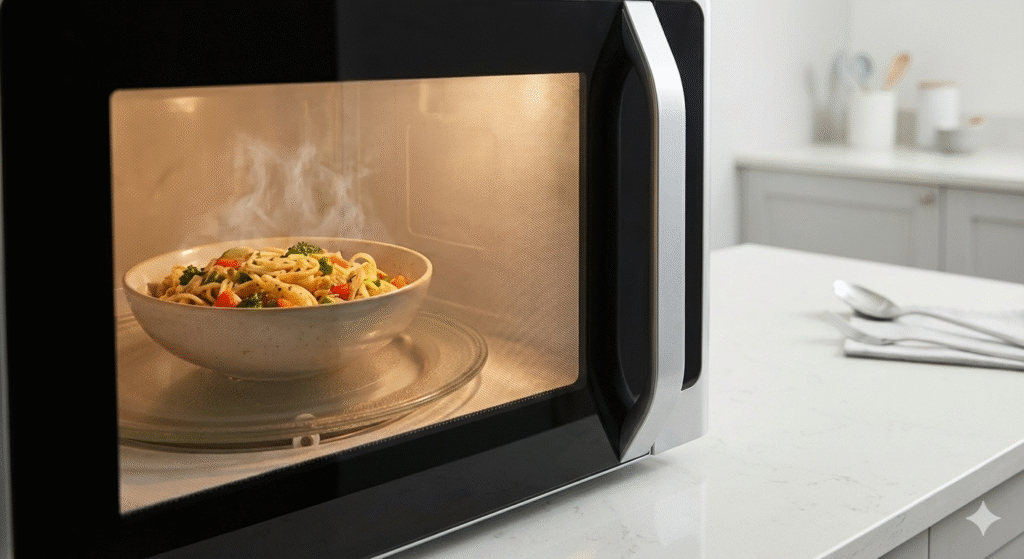 A close-up view of a microwave interior with a simple meal reheating evenly on a turntable, soft internal lighting visible through the door. The surrounding kitchen is neutral and uncluttered, giving a sense of speed and efficiency rather than cooking complexity. No people, no text, no branding — the image should visually reinforce short microwave run times and low energy use.

