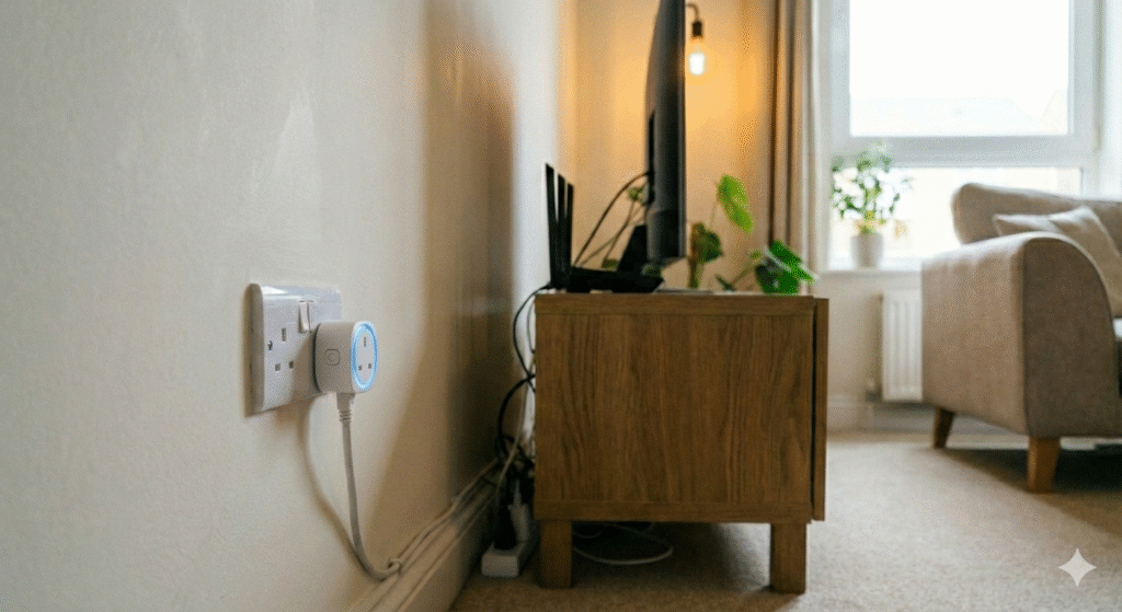 A realistic UK living room scene showing a smart plug permanently plugged into a wall socket, powering everyday electronics such as a TV, lamp, or Wi-Fi router. The space looks tidy, calm, and lived-in, with no signs of heat, clutter, or risk. Natural daylight, neutral colours, modern UK home setting. The image should communicate normal, safe 24/7 smart plug use without drama. No people, no text, no logos.

