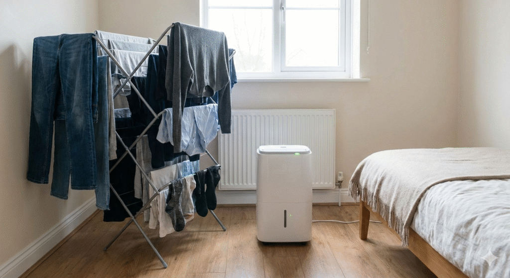 A bright, realistic UK home interior showing clothes drying indoors on a standard fold-out airer in a spare room or bedroom. A modern dehumidifier is placed nearby on the floor, subtly switched on, with clean, fresh air implied but no visible mist or text. Soft natural daylight coming through a window, neutral tones, tidy but lived-in space, no people, no branding, no text. The scene should clearly communicate efficient indoor laundry drying in a typical UK home during cooler months.

