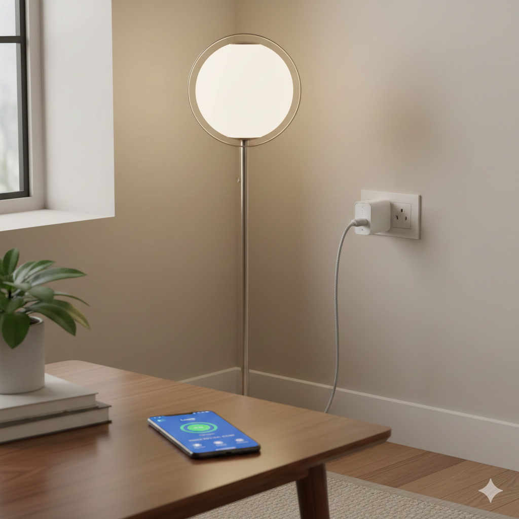 A realistic UK home interior showing a smart plug fully inserted into a wall socket (no visible pins), powering a common household device such as a lamp, router, or fan. In the foreground or midground, a smartphone screen is visible showing a smart plug app with normal status indicators like “On”, “Scheduled”, or low wattage usage — no warning alerts. The scene feels calm, tidy, and reassuring, with neutral lighting and a lived-in UK home atmosphere. The image should communicate safe, everyday 24/7 smart plug use and monitoring rather than danger. No people’s faces, no text overlays, no branding.