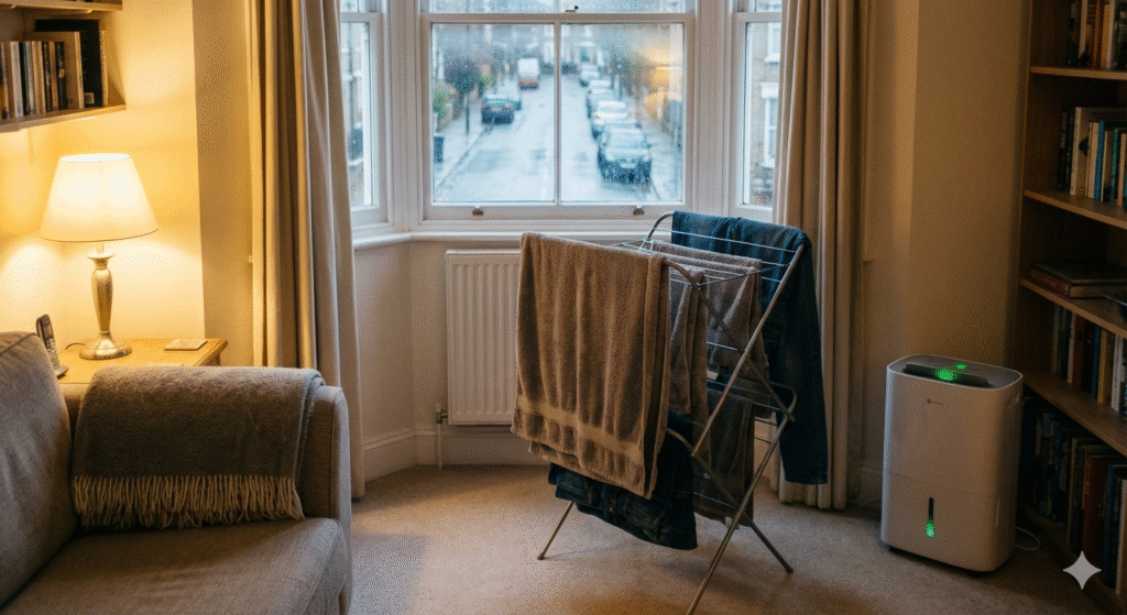 A calm, slightly moodier UK home setting in winter, focusing on condensation-free windows and a dry, comfortable room. A clothes airer with thicker items like towels and jeans is visible in the background, while a dehumidifier sits further away, quietly doing its job. The room feels dry, warm, and balanced — no visible damp, no fogged glass. Soft evening light, realistic shadows, cosy but practical atmosphere, no people, no text, no logos.

