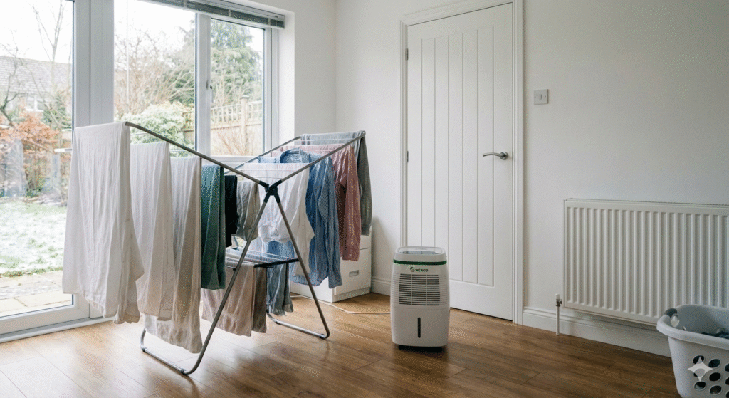 A realistic clean aesthetic UK home interior showing a single dedicated drying room with a clothes airer neatly arranged, plenty of space between garments, and a dehumidifier placed nearby. The door to the room is closed, the space feels dry, organised, and efficient, with no condensation on windows. Neutral daylight, practical winter setting, no people, no text, no branding — the image should clearly communicate contained, efficient indoor laundry drying in one room.


