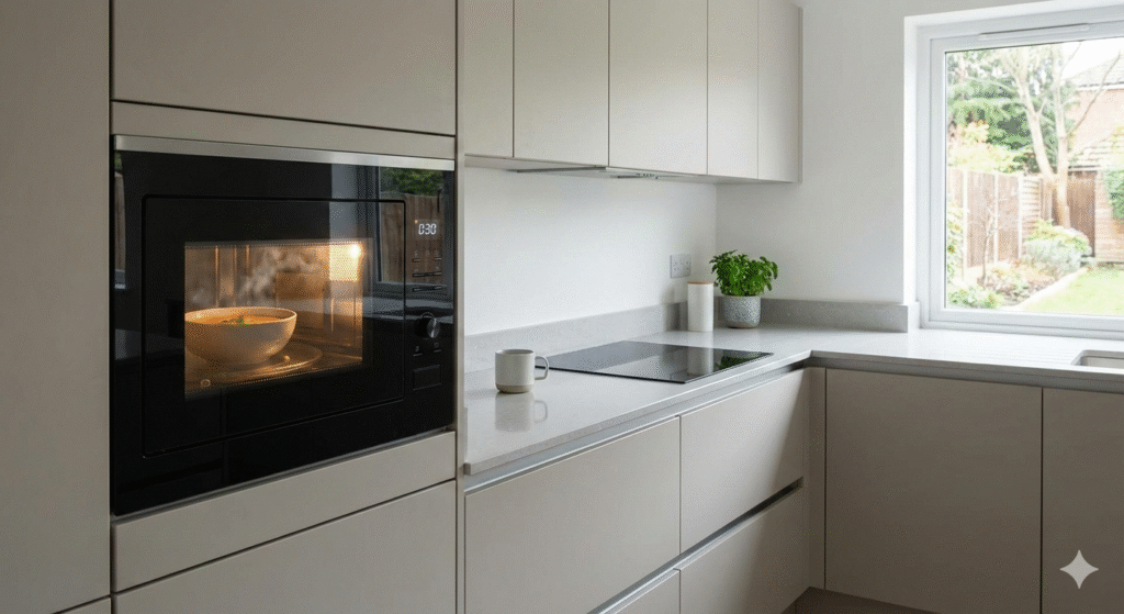 A clean, modern UK kitchen with a microwave on a countertop in use, heating a simple meal or bowl inside. The microwave door is closed with the internal light on, showing food warming. Neutral lighting, tidy surroundings, no visible branding. The image should communicate everyday, short-duration microwave use as part of normal home cooking.

