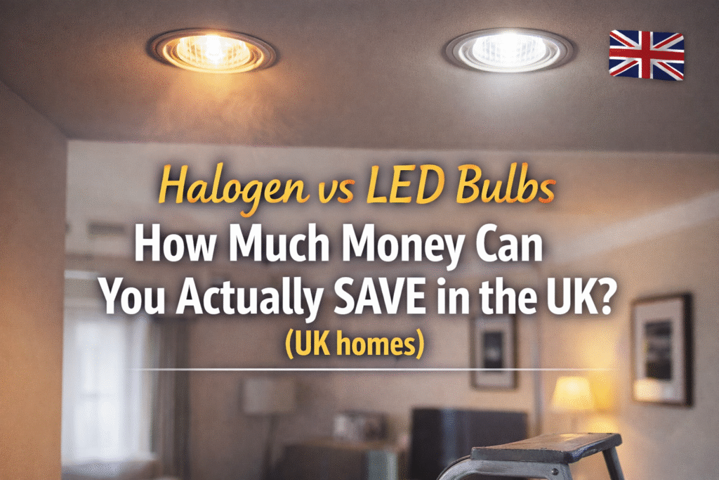 Side-by-side halogen and LED ceiling spotlights in a UK home comparing energy savings and electricity costs.