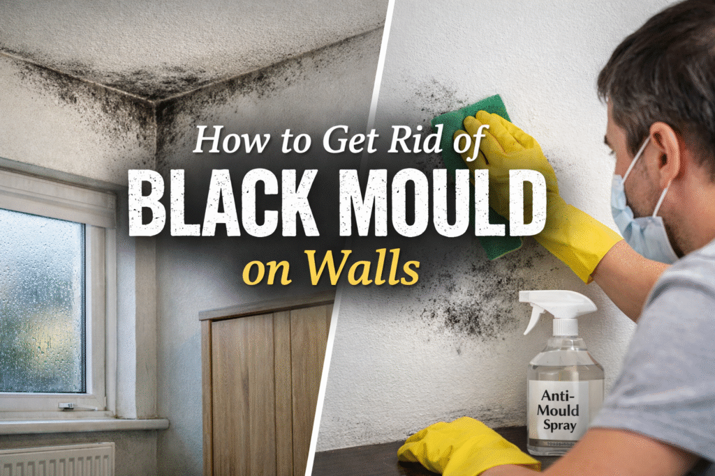 Black mould on a UK bedroom wall being cleaned with anti-mould spray and cloth