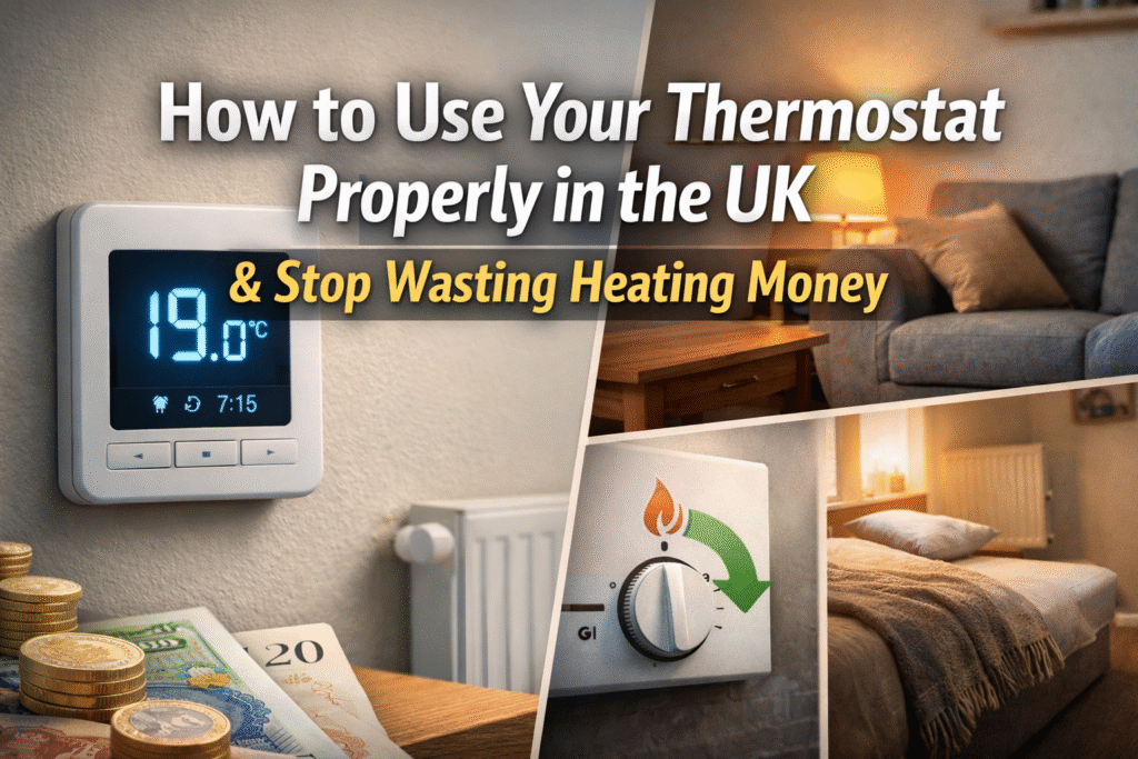Digital thermostat set to 19°C in a UK living room with radiator and bedroom zoning example illustrating how to use your thermostat properly to save heating money