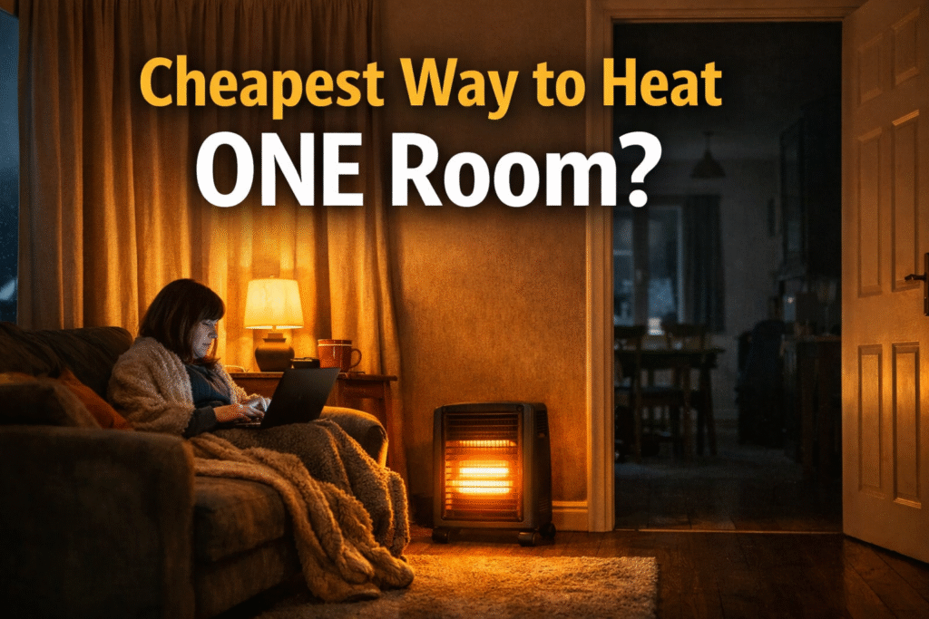 Heating one room in a UK home using a portable electric heater while the rest of the house remains unheated on a cold winter evening
