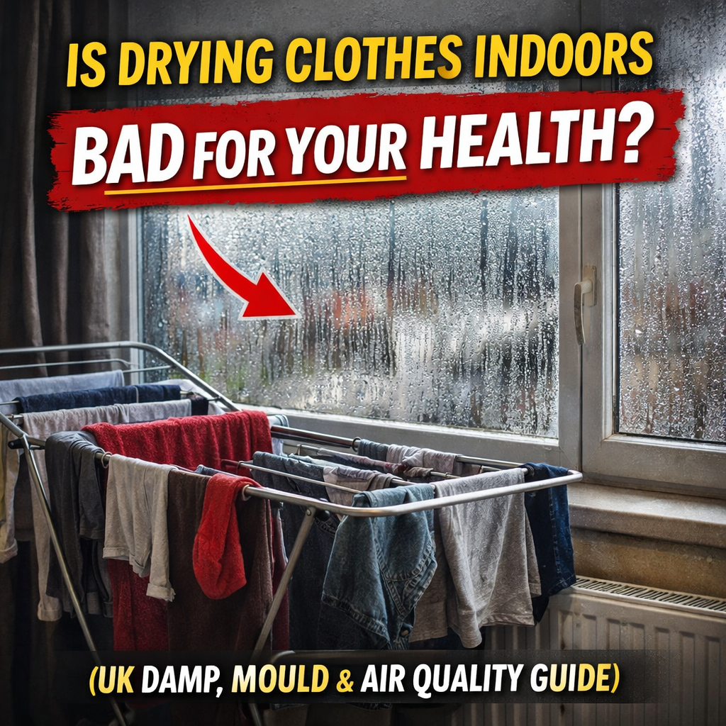 Drying clothes indoors on a rack beside a condensation-covered window in a UK home during winter