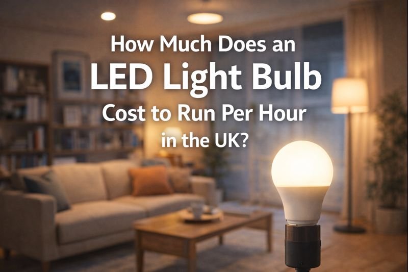 LED light bulb glowing in a UK living room showing low-cost, energy-efficient home lighting