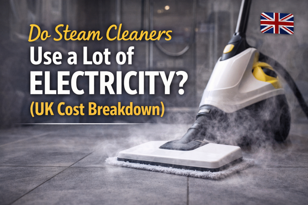 Steam cleaner in use on tiled floor with steam visible, illustrating electricity usage and running cost in a UK home.