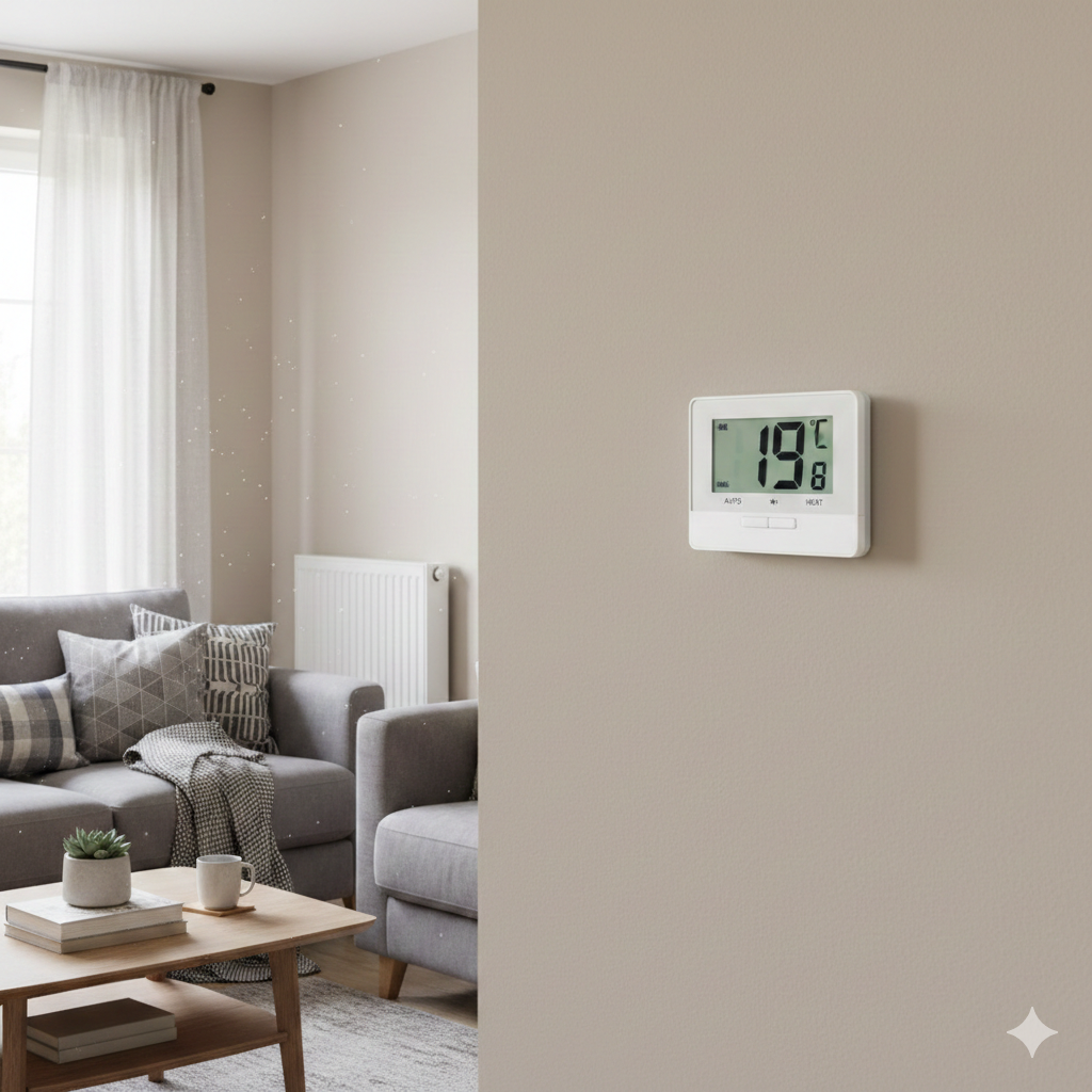 A realistic photo of a modern UK living room wall with a digital thermostat mounted at eye level showing 19°C. The wall is neutral coloured. A radiator is visible on a side wall but not directly beneath the thermostat. The room looks tidy and lived-in, with a sofa and soft natural daylight coming through a window. The thermostat display is clearly readable.

