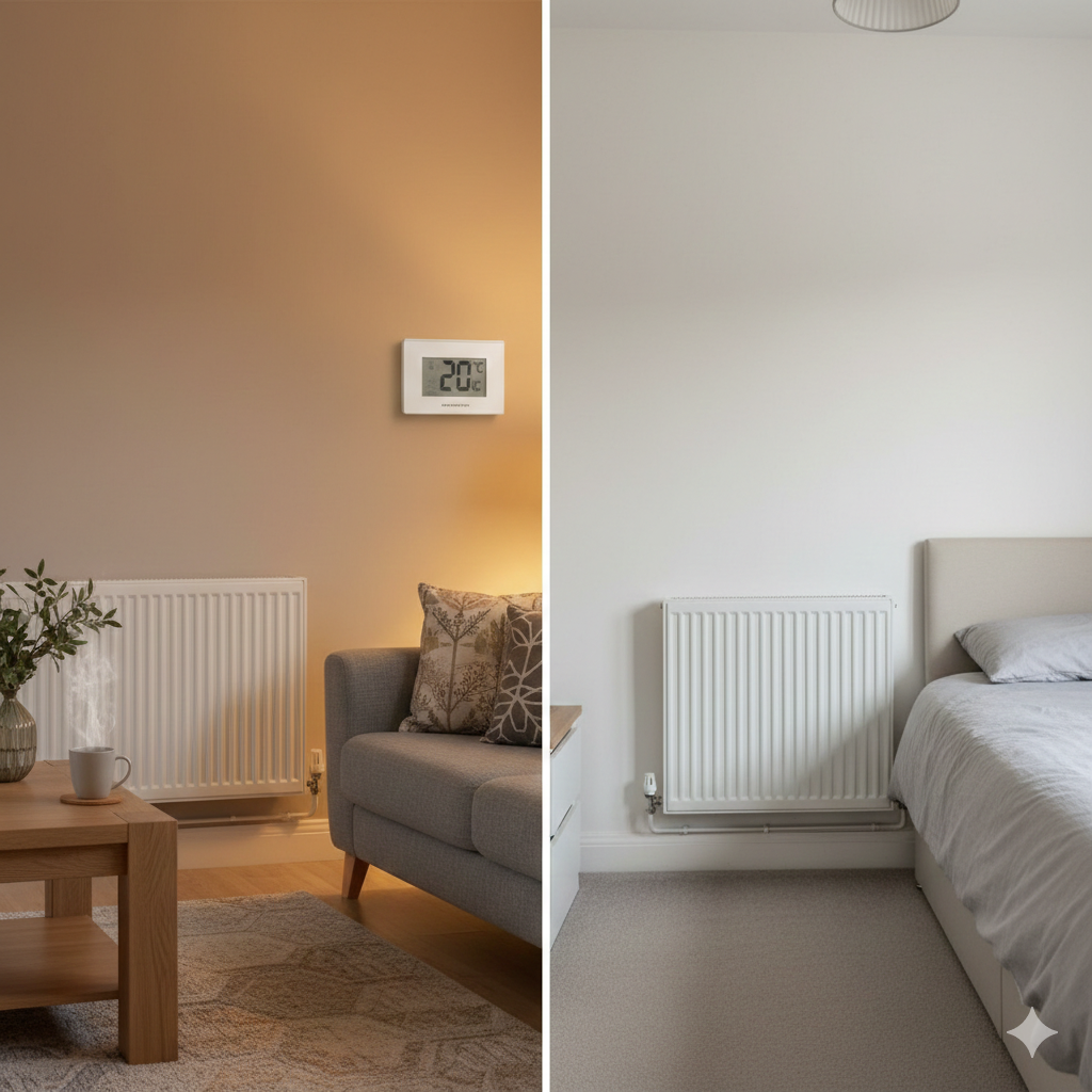 Split-scene style image showing two different rooms in a UK home. On one side, a cosy living room with radiator turned on and thermostat set to 20°C. On the other side, a spare bedroom with radiator turned low. Subtle visual difference in warmth (living room slightly warmer lighting tone). The setting should look like a typical semi-detached UK house interior.

