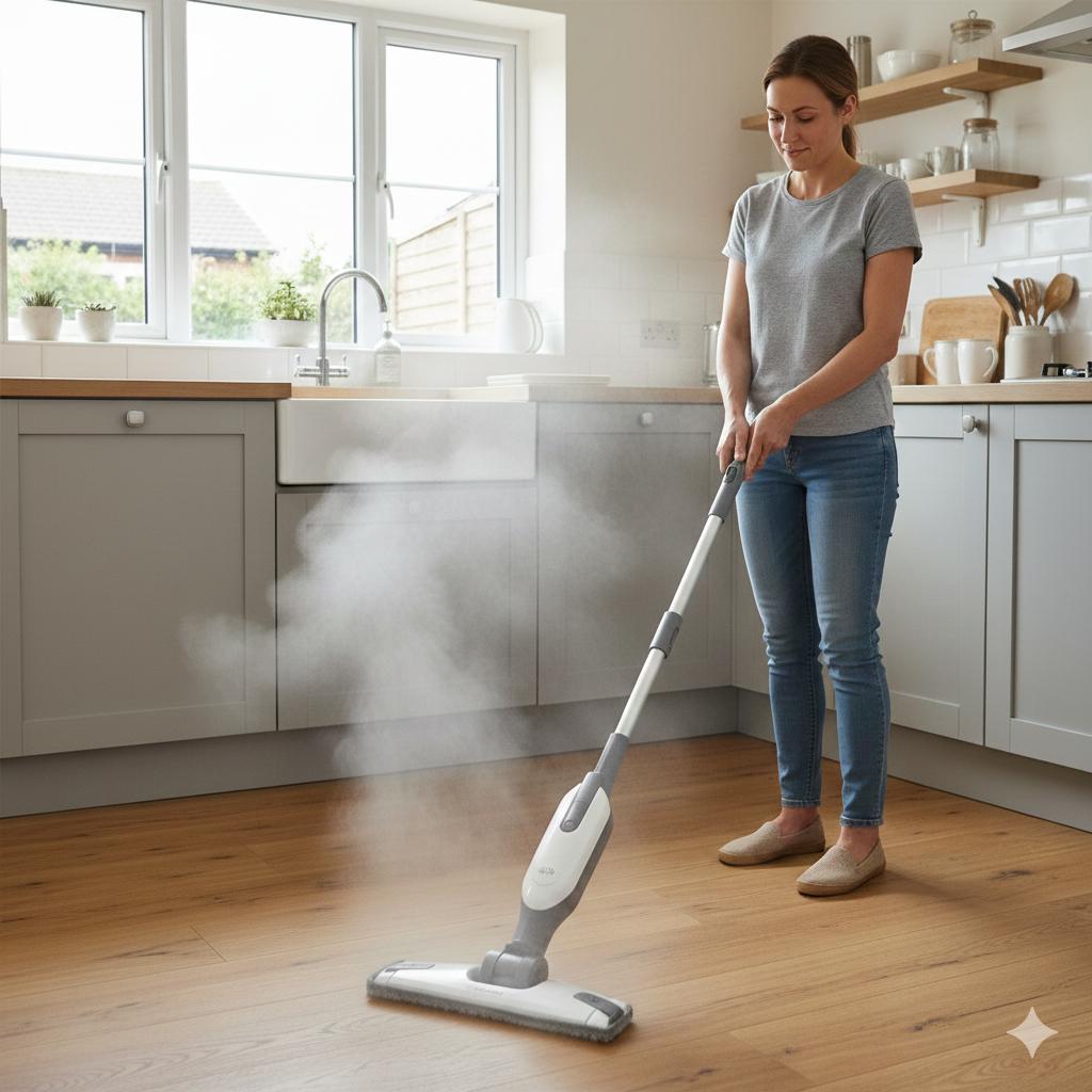 "A woman in a modern UK kitchen using a white and grey steam mop on a light wood floor. Gentle steam rises from the mop head. The kitchen features grey cabinetry, a white Belfast sink, and natural light coming through a window in the background."
