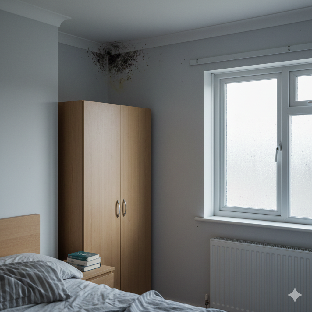 A realistic UK bedroom corner in winter with visible black mould forming where two external walls meet near the ceiling. Light grey painted walls, subtle condensation on the window nearby, soft natural daylight coming through. A small radiator under the window and a wardrobe positioned close to the affected wall. The mould should look patchy and natural, not exaggerated or dramatic. The room should feel like a normal lived-in British home — simple, clean, relatable.

