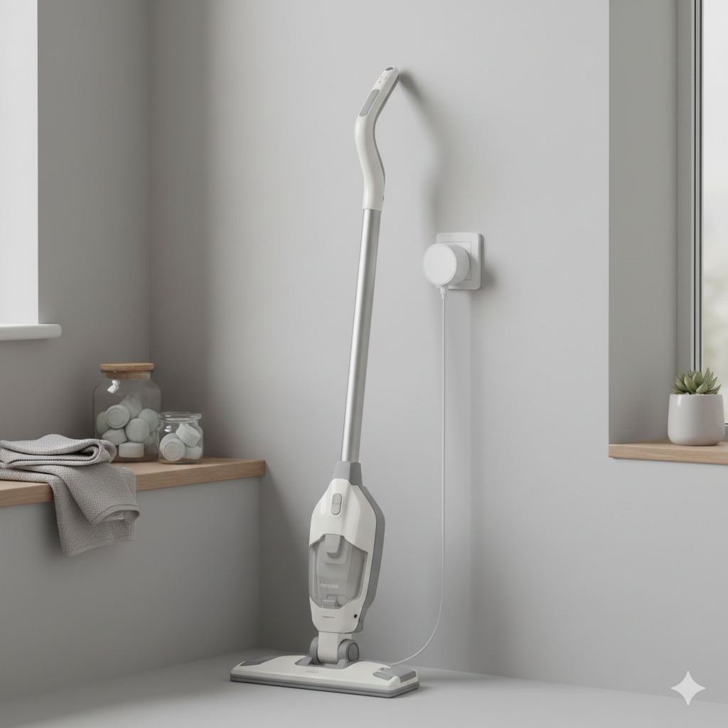 A tidy UK home setting showing a steam cleaner plugged into a wall socket with a simple power meter or smart plug nearby, subtly suggesting electricity monitoring. The steam cleaner is switched off but ready to use. Neutral tones, organised environment, no visible text or numbers on screens, no logos. The image should communicate energy awareness and cost-conscious cleaning rather than heavy power use.