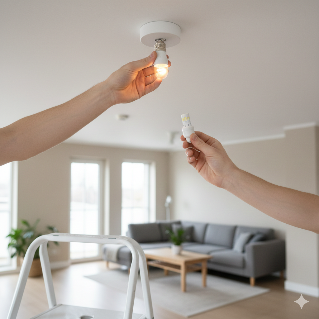 A tidy UK living room with a person’s hand (no visible face) replacing a halogen GU10 spotlight with an LED bulb. The ladder or step stool is visible, and the room looks bright and modern. The focus is on the bulb change itself, symbolising an upgrade to a more efficient lighting choice. No text, no logos, no clutter — the image should feel practical and relatable rather than staged.

