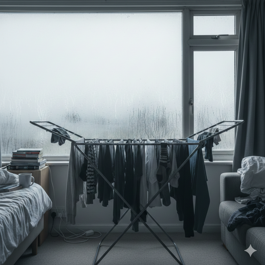 A realistic UK bedroom or living room in winter with clothes drying on a rack near a window covered in heavy condensation. Soft grey daylight outside, damp streaks on glass, slightly cluttered but typical home environment, cool tones, documentary-style photography, natural lighting, high detail, no people.

