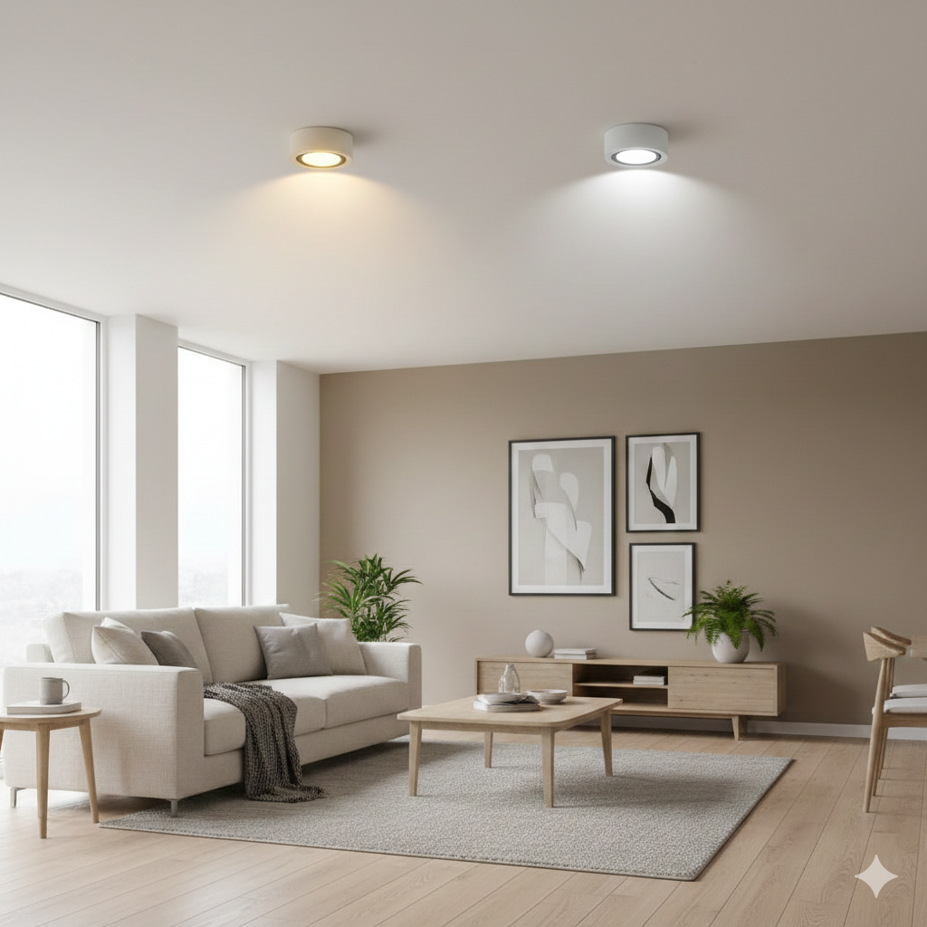 A clean, modern UK home interior showing two ceiling spotlights turned on side by side — one halogen bulb glowing slightly warmer and brighter with a subtle heat glow effect, and one LED bulb producing the same brightness but with a cleaner, efficient appearance. The setting should look realistic and lived-in, with neutral décor and natural lighting. No text, no branding, no labels — the image should visually suggest comparison without being dramatic or exaggerated.

