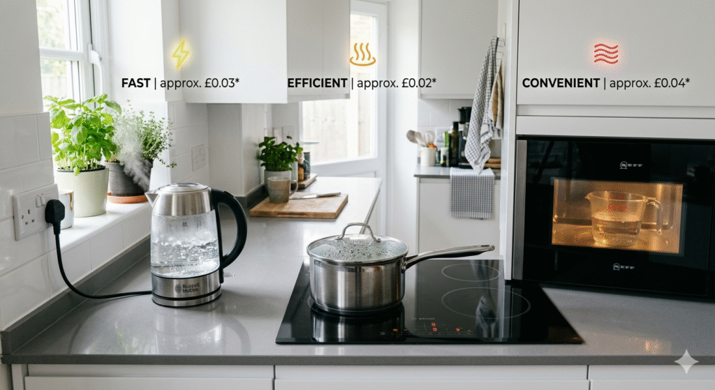 A clean, modern UK kitchen scene showing three ways of boiling water side by side: an electric kettle steaming on a worktop, a saucepan on an induction hob bubbling, and a microwave with a glass cup inside. Subtle energy icons or cost symbols appear above each method, with a visual comparison feel. Bright natural lighting, realistic home setting, slightly cinematic composition to make the comparison feel clear and engaging.

