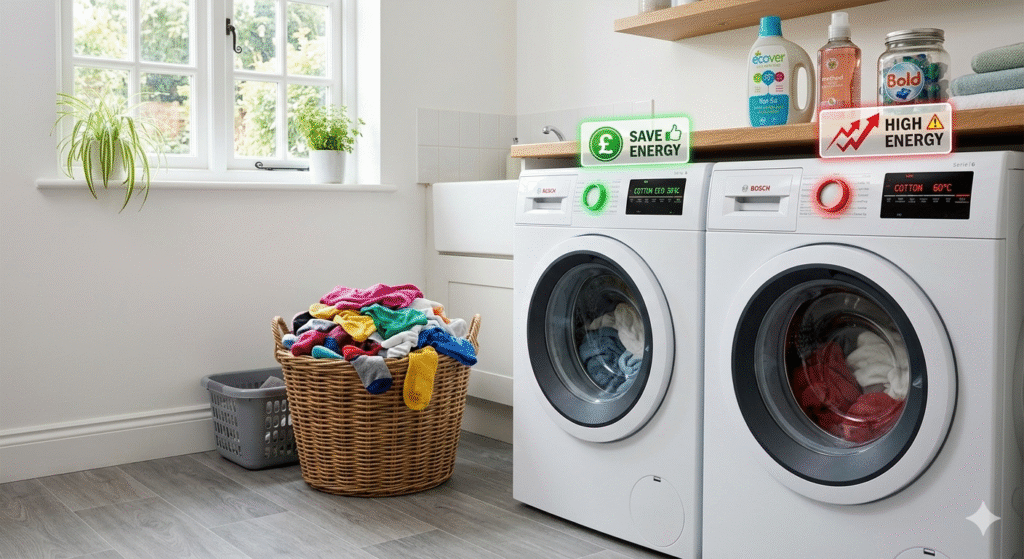 A realistic UK home laundry scene showing two washing machines side by side with digital displays clearly showing 30°C on one machine and 60°C on the other. The 30°C machine has a green glow and a small money-saving icon (£ symbol), while the 60°C machine has a red glow with rising energy icons. A laundry basket full of colourful clothes sits nearby and soft morning light comes through a window. The scene should feel like a real UK utility room with modern appliances and clean, bright colours.