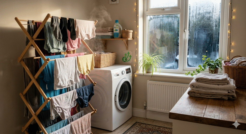 A cosy winter UK home interior showing freshly washed clothes hanging on an indoor drying rack near a washing machine, with visible steam rising slightly from the clothes. A digital washing machine display shows 30°C eco wash completed. A small energy savings graphic (£ symbol with green arrows) appears subtly in the scene. The room should feel warm and realistic with soft daylight from a window and folded laundry nearby.