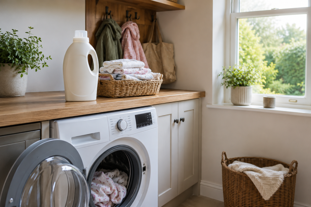 Fragrance-free laundry detergent bottle on worktop beside open washing machine with folded children's clothing in a UK utility room