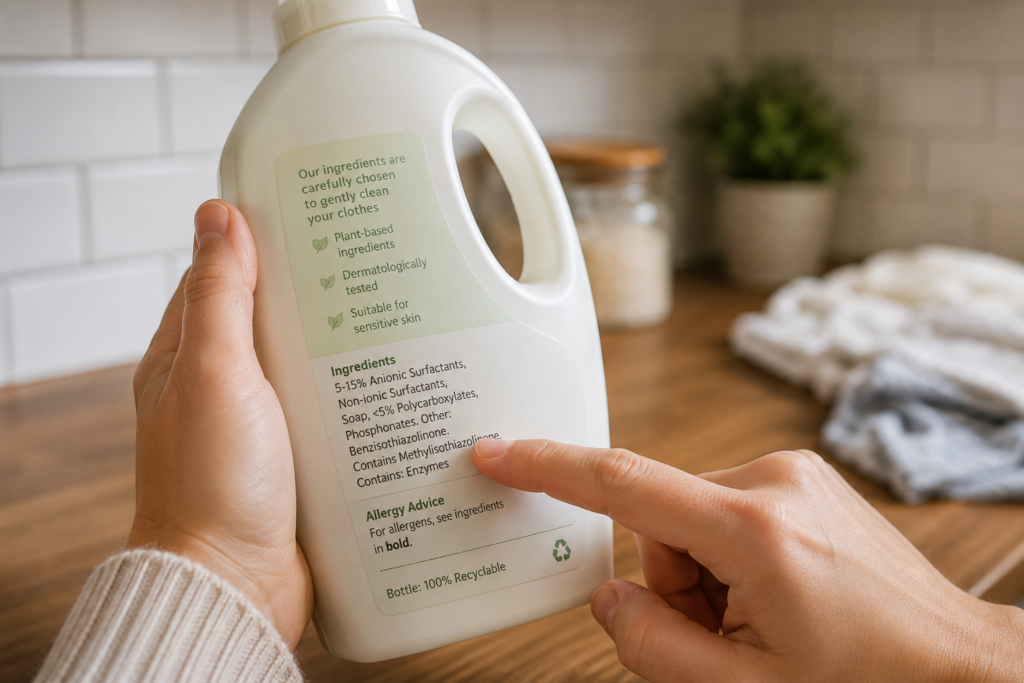 Hand holding laundry detergent bottle showing ingredient label being checked in a UK kitchen for fragrance and enzyme content