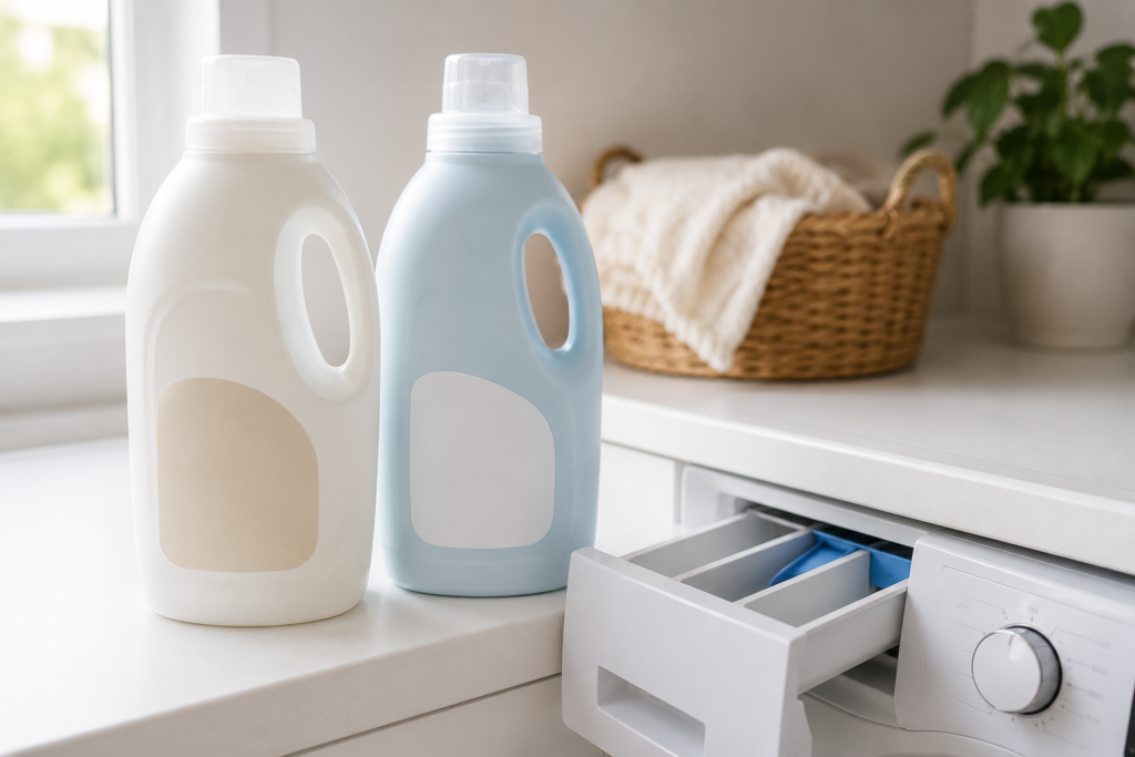 Fragrance-free laundry detergent and matching fragrance-free fabric conditioner bottles side by side beside open washing machine drawer