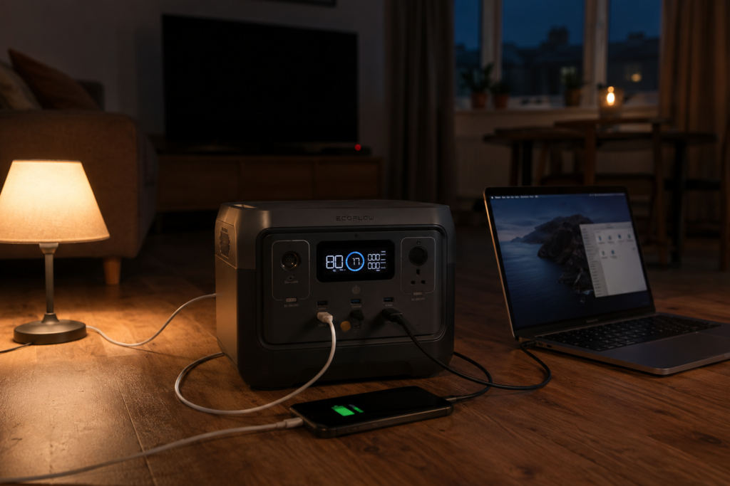Portable power station charging phone and laptop with lamp running during home power cut in dim UK living room